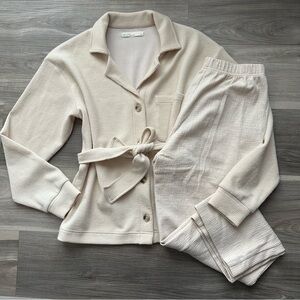 Oak + Fort Cream Ribbed Shacket Jacket with Belt